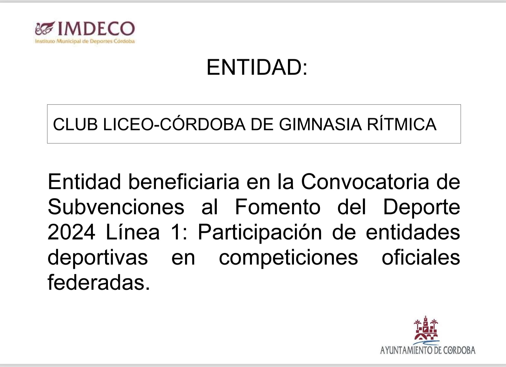 El Club Liceo-Córdoba recibe el impulso del IMDECO como Entidad Beneficiaria